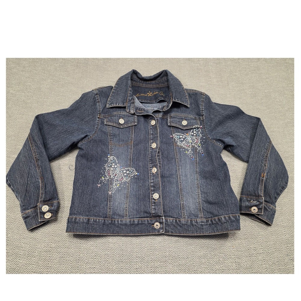 Arizona Jean Co Dark Wash Denim Butterfly Rhinestone Embellished Jacket Girls XL